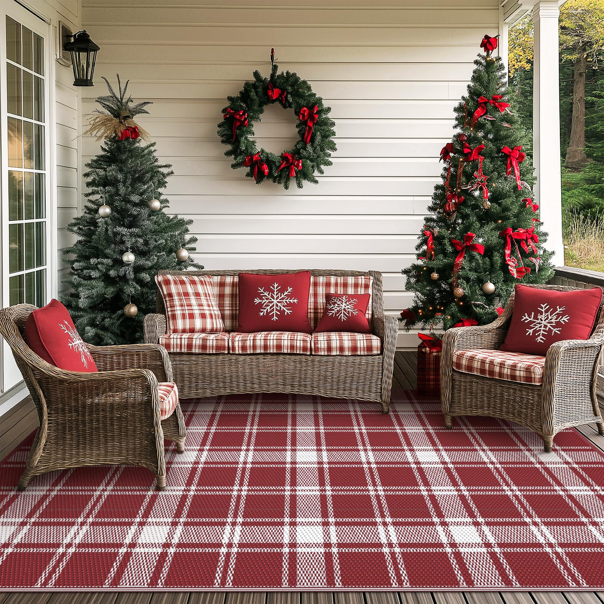 GENIMO Christmas Outdoor Rug for Patio, 5'x8' Waterproof Reversible Plastic Straw Rugs, Lightweight RV Camping Mat for Camper, Balcony, Deck, Backyard, Picnic, Red & White