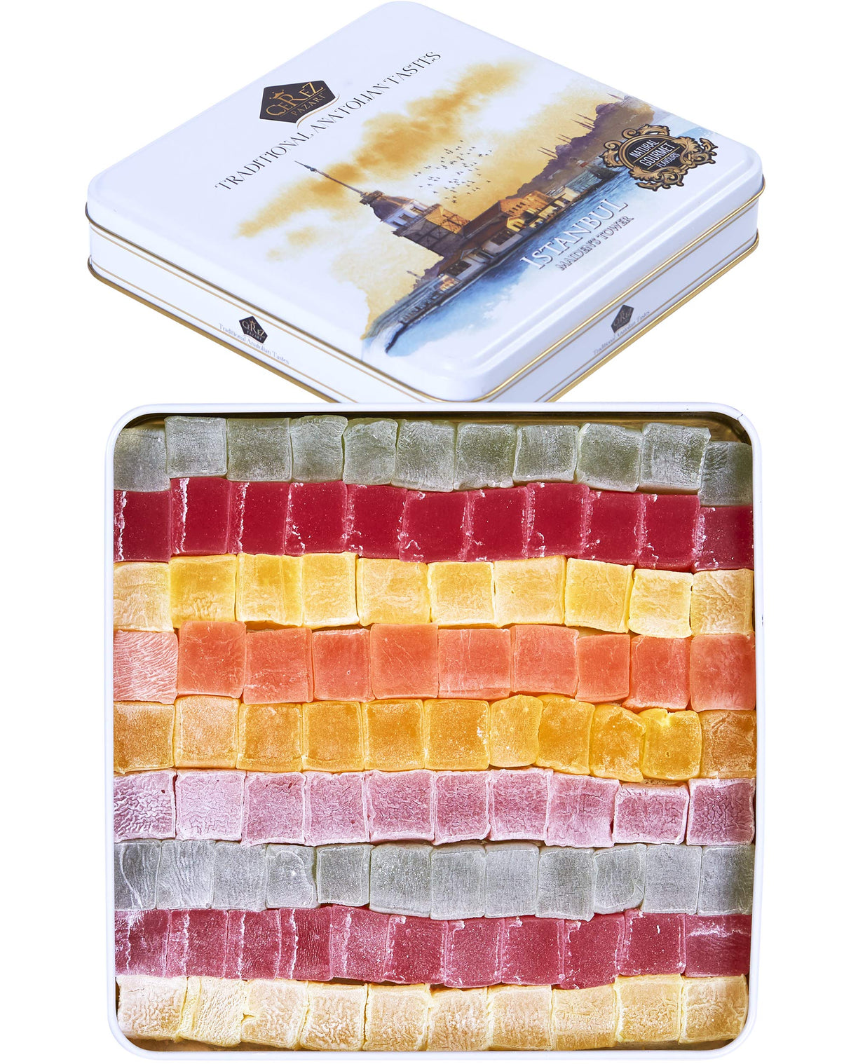Cerez Pazari Turkish Delight Candy Gift Basket, Lokum Dessert Gourmet, Christmas Holiday Corporate Food Gifts In Elegant Tin Box, With 6 Unique Flavors, 1.6 lbs