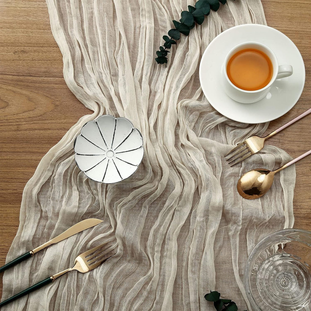 12 Pack Beige Cheesecloth Table Runner, 35x120 Inch Romantic Boho Gauze Table Runner 10ft Rustic Sheer Cheese Cloth Table Decor for Christmas Wedding Baby Shower Birthday Party Table Decoration