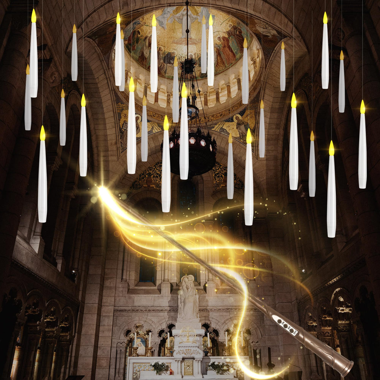 LUSHARBOR Floating Candles with Wand, 10 Pack Halloween Flameless Candles Battery Operated LED Taper Hanging Electric Candle for Christmas Halloween Birthday Party Decor 6.1in