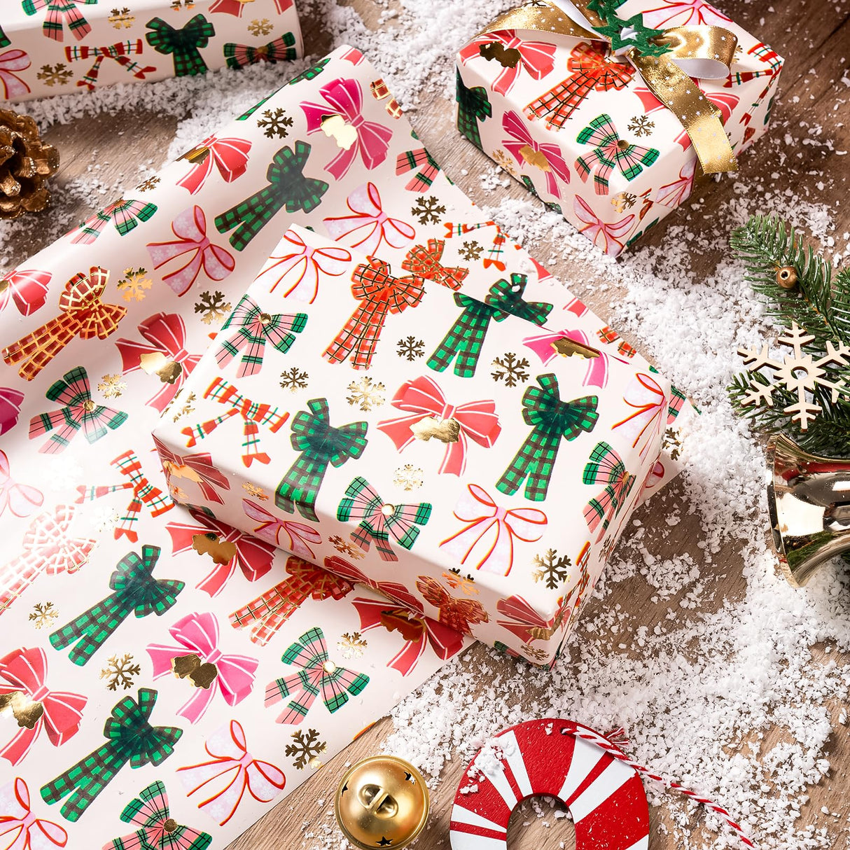 WRAPAHOLIC 30 Inch Jumbo Bow Christmas Wrapping Paper - 30 Inch x 33 Feet - Gold Foil Snoflakes and Plaid Bow Wrapping Paper for Girl Boy Kids, Christmas, Holiday