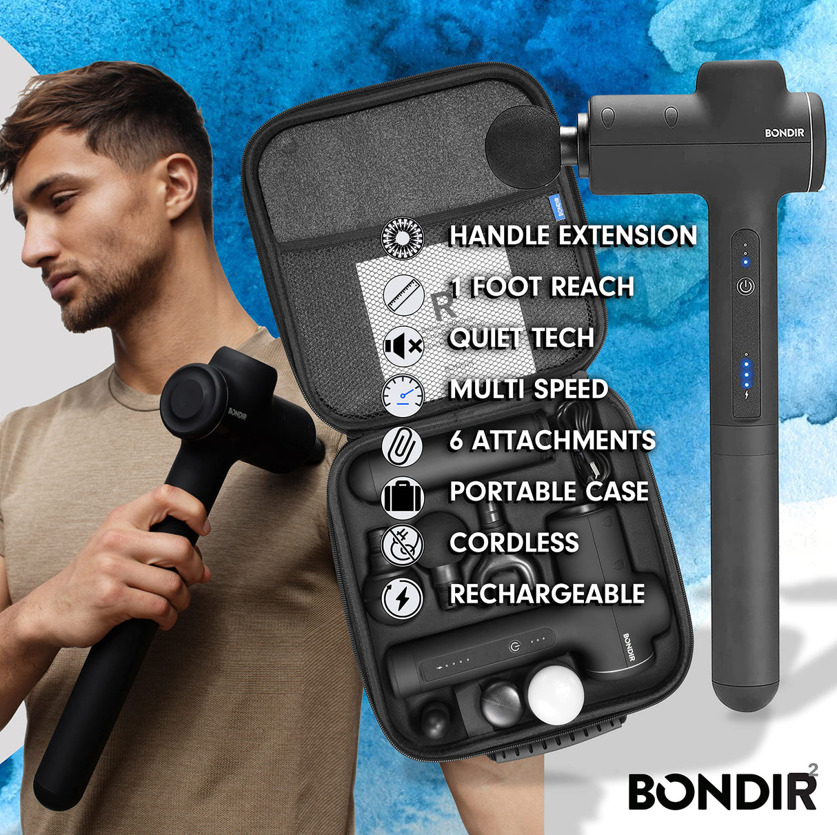 BONDIR R2 Massage Gun - Percussion Deep Tissue Back Massager with Extension Handle