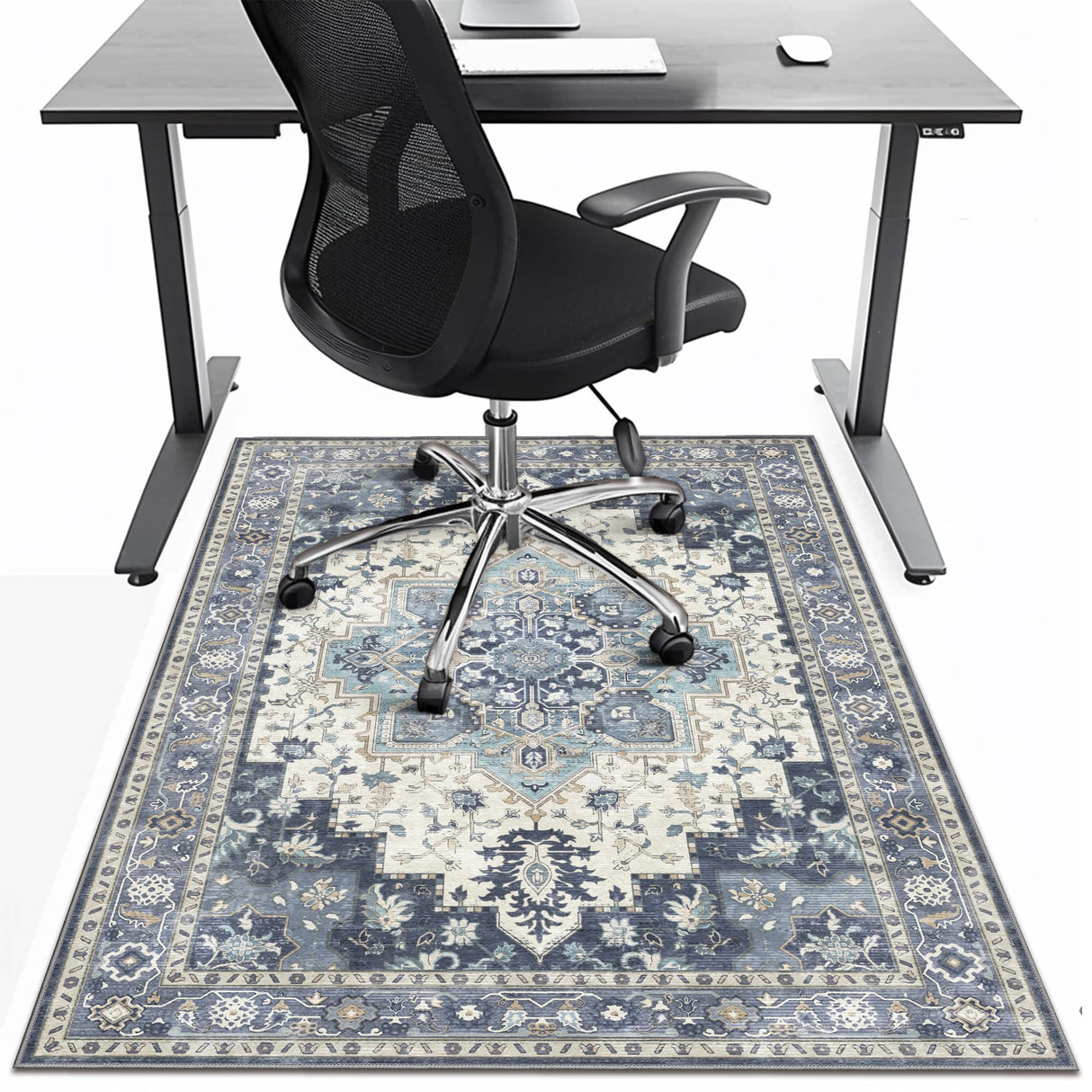 36"x48" Office Chair Mat for Hardwood Tile Floor, Under Desk Carpet Protector for Rolling Computer Chair Mat, Machine Washable Area Rug, Anti-Slip 1/5" Thick Low Pile Thin Vinyl Floor Mat, Navy