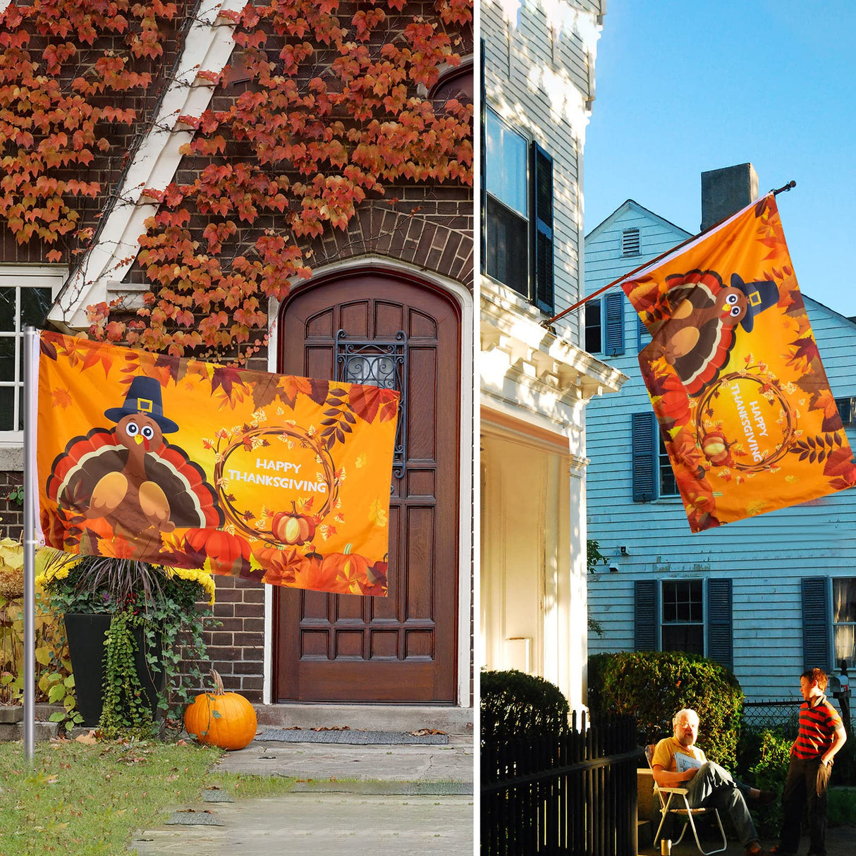 Shimeyao 4 Pcs Halloween Flags 3 x 5 Ft Outdoor Fall Holiday Large Flags Thanksgiving Turkey Pumpkin Merry Christmas Snowman Flag for Home Garden Festival Party Decoration(Bright Patterns)