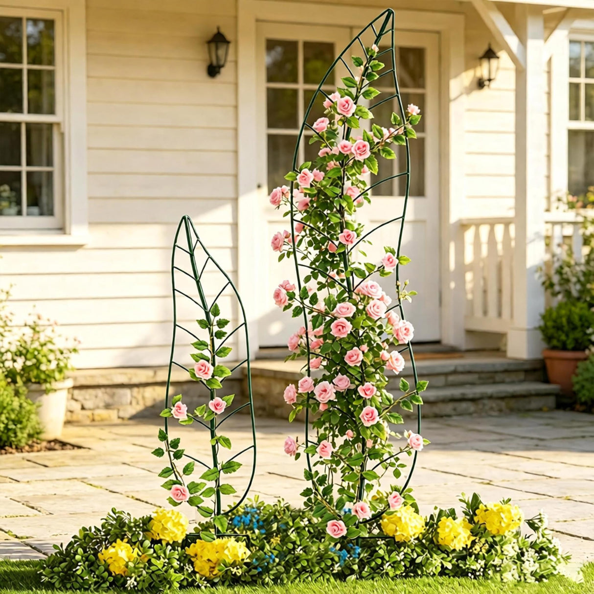 Garden Trellis Plant Support Trellis Green Leaf Trellis Garden Decoration for Climbing Vines Floral Metal Trellis Set of 2(Green)