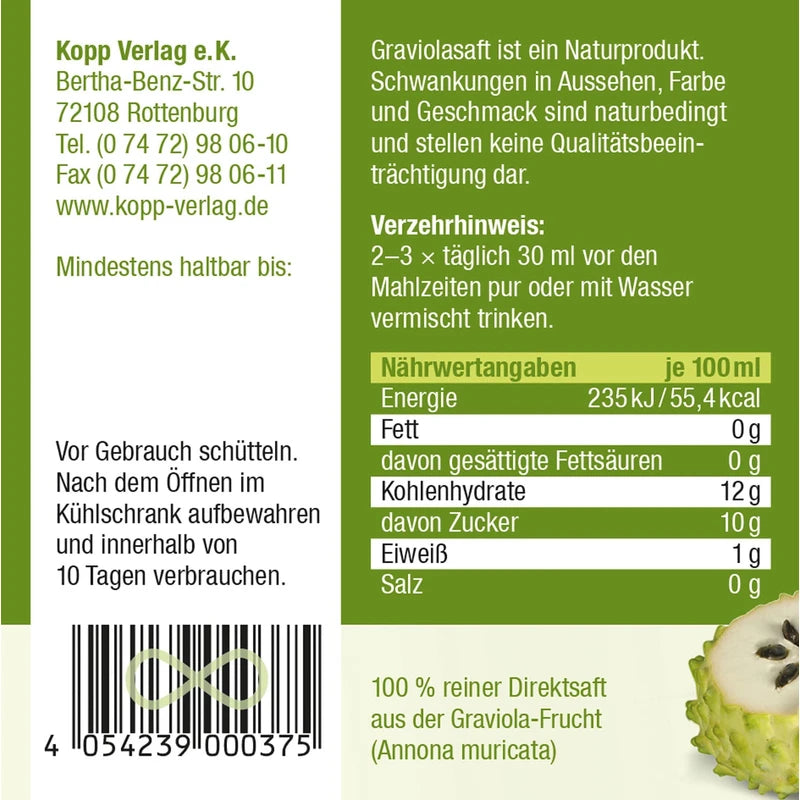 KOPP Vital® Graviola Juice | Direct Juice from Hand Collection | 500 ml | Natural Cloudy Direct Juice | Natural Product | High-Quality Glass Bottle