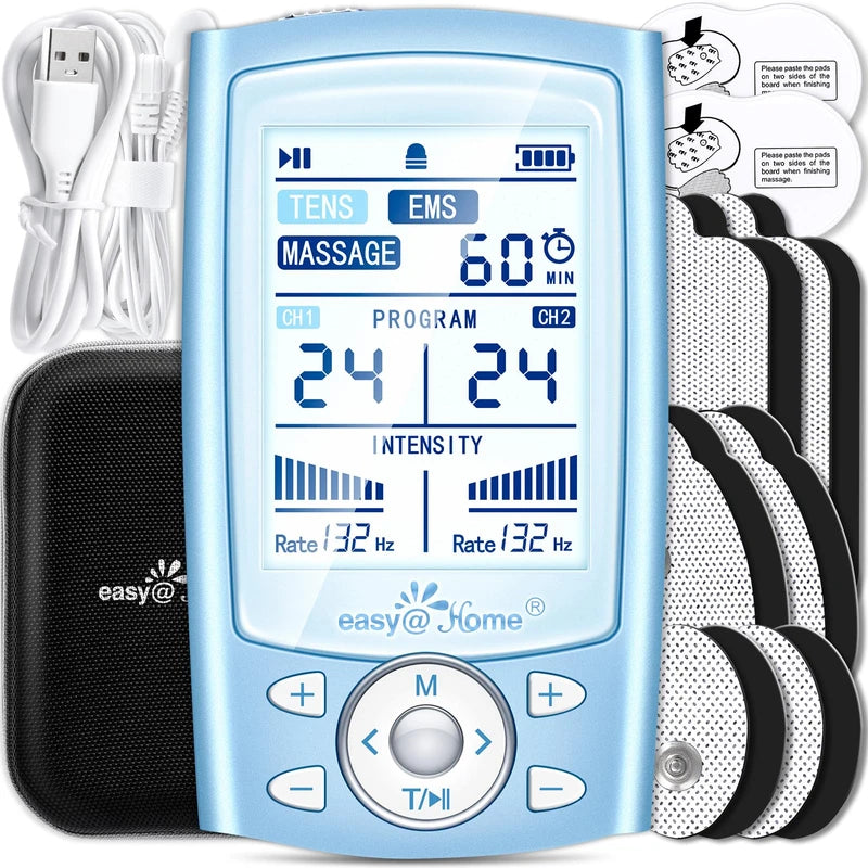 Easy@Home Tens Machine EMS: TENS Machine for Pain Relief Muscle Stimulator for Back Pain EMS | EMS Foot Massager | Back Massage Machine for Pain | Dual Channel 24 Modes 12 Pads Replacements