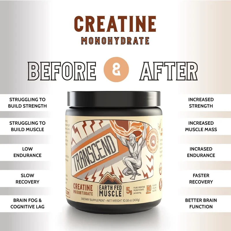 Earth Fed Muscle Transcend Creatine Monohydrate - 100% German Creapure, Muscle Recovery, Muscle Building, Cellular Energy Production - Gluten Free, Soy Free - Unflavored 5g per Serving, 60 Servings