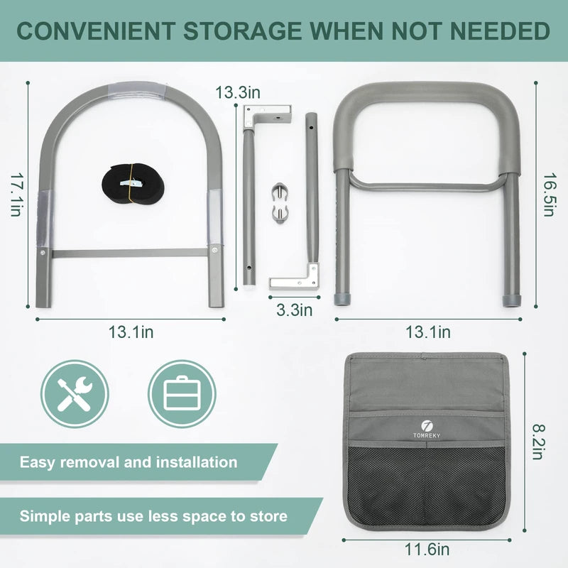 Bed Rails for Elderly Adults Assist Safety for Seniors Hand Bar Grab with Storage Pocket Patent Stabilizer with Fixing Strap, Support Up to 300lbs Grey