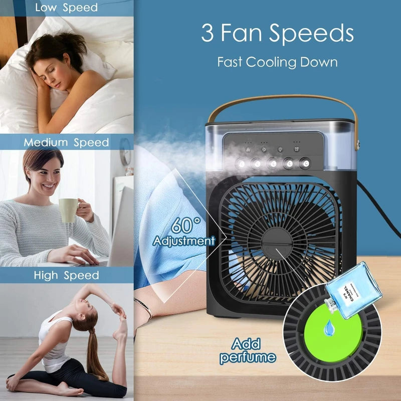 Mini Frost Fan, Portable Air Conditioner AC Cooler Humidifier, Personal Air Cooler With1/2/3 H Timing, 7 Colors LED Light, 3 Wind Speeds and 3 Spray Modes, for Office Home Dorm Travel (White)