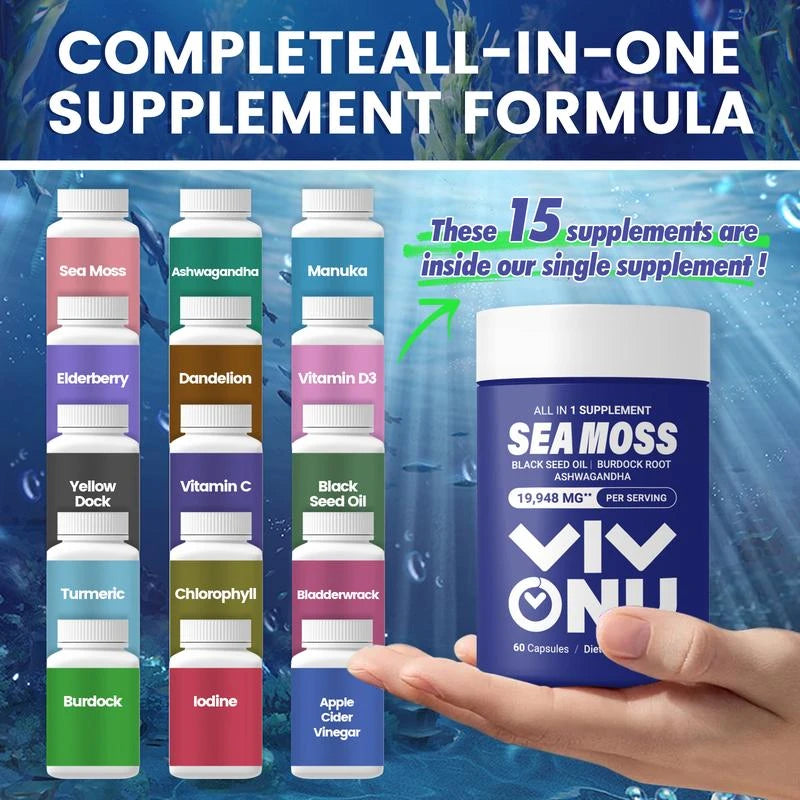 VIVONU Seamoss Ashwagandha - 60 Count - Seamoss 7000mg,Ashwagandha 2000mg, Black Seed Oil 4000mg, Turmeric 2000mg, Burdock Root 2000mg, All in 1 Supplements