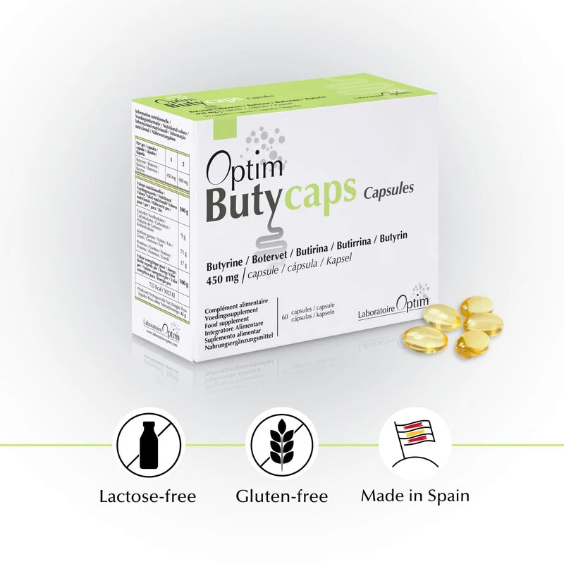 Optim Butycaps 60 Capsules - Liquid Butyrin 450 mg - Butyric Acid Butyrate - Transit, Colon & Leak Bowel - Dietary Supplement