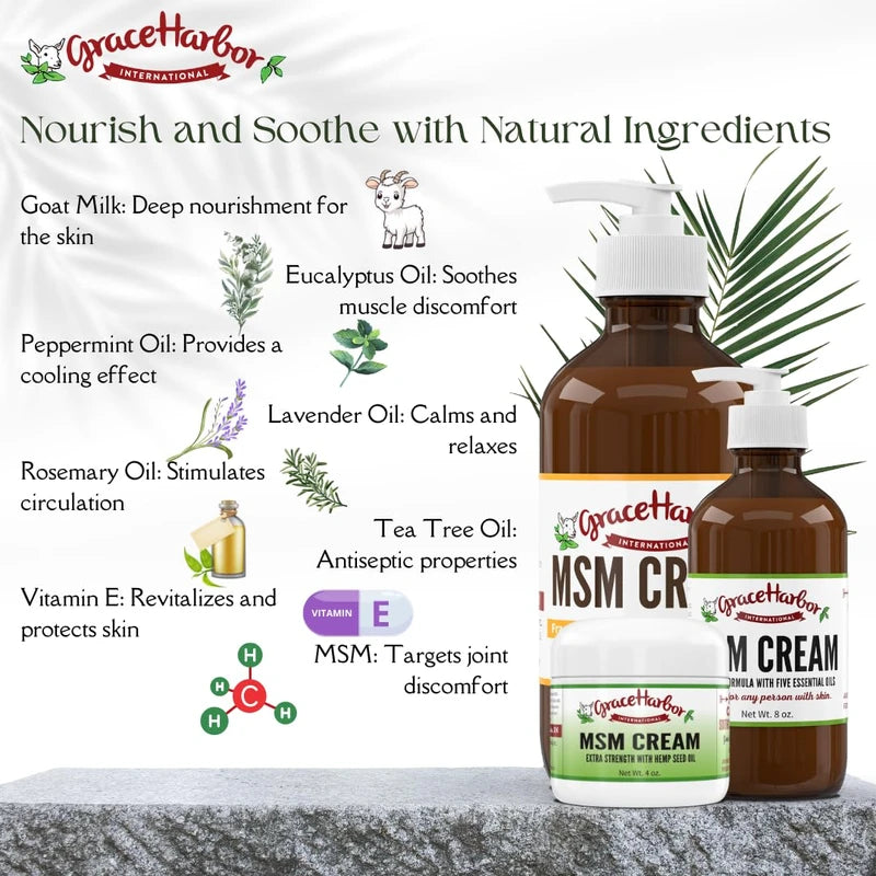Grace Harbor MSM Cream Extra Strength - Nourishing Skin, Muscle, and Joint Therapy – Goat Milk, Essential Oils, Vitamin E – Non-Greasy Whole Body Rub – Made with Prayer in USA - 4 Ounce