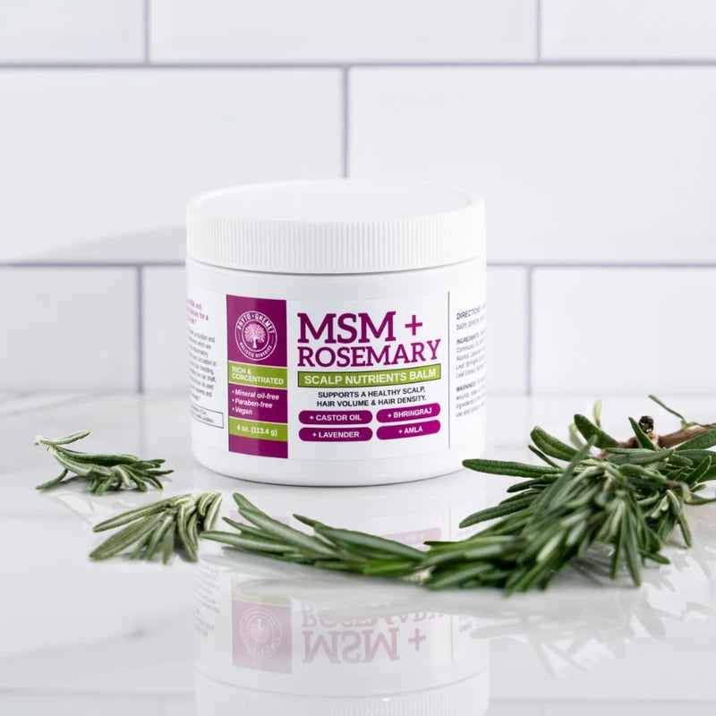 Qhemet Biologics MSM + Rosemary Scalp Nutrients Balm | Scalp Food for Hair Growth | MSM, Rosemary, Bhringraj, Castor Oil & Coconut Oil | For Dry Scalp, Thinning & Slow Growth | Vegan (4 oz)