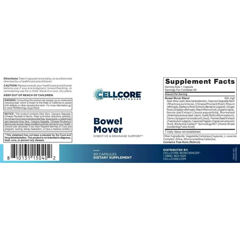 Branded 2X Cellcore Biosciences Bowel Mover and Drainage Support Capsules, 180 Count