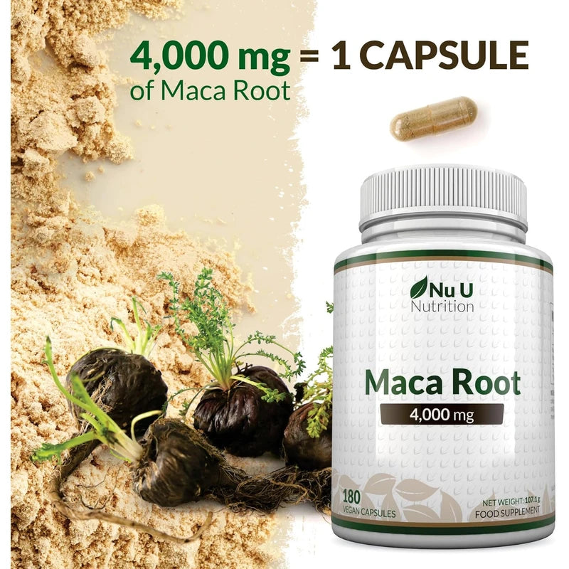 Maca Root Capsules 4000mg – 180 Vegan Capsules – 6-Month Supply – High-Strength Peruvian Maca for Men & Women – Made in the UK by Nu U Nutrition
