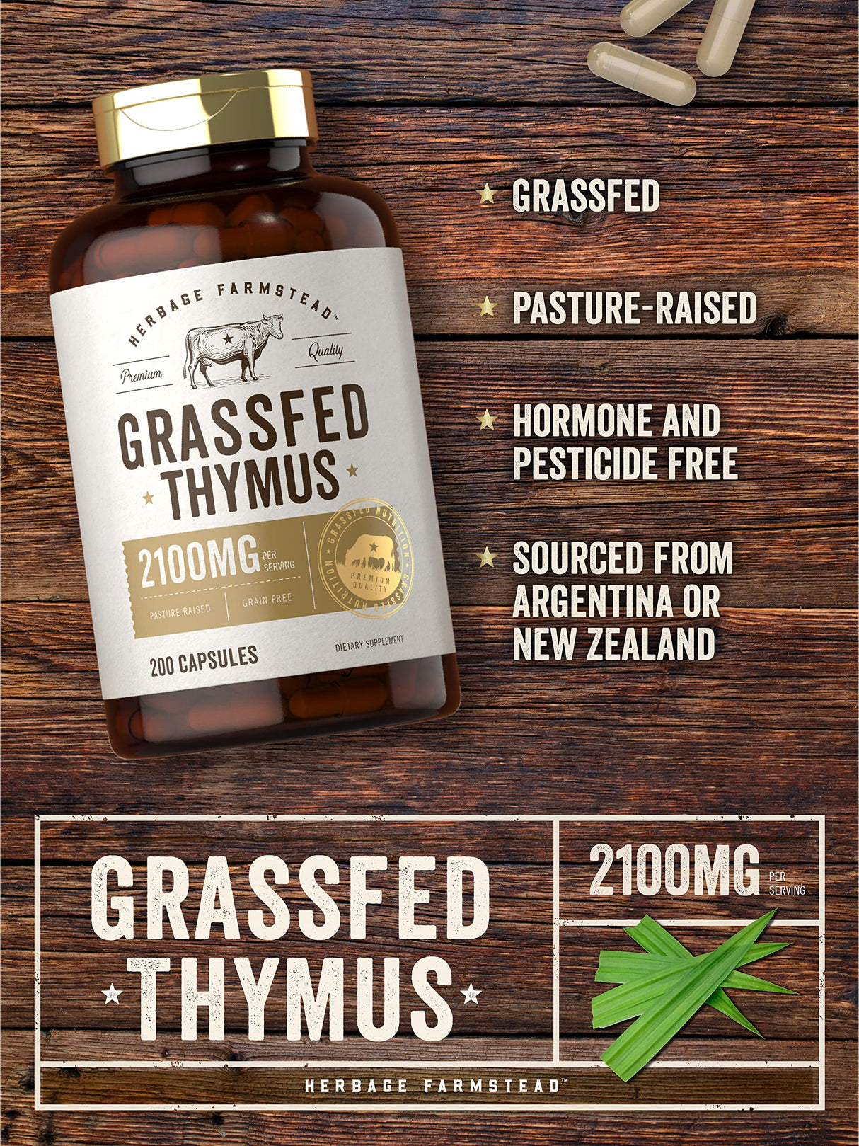Carlyle Grass Fed Beef Thymus Bovine Supplement | 2100mg | 200 Capsules | Pasture Raised, Non-GMO, Gluten Free | by Herbage Farmstead