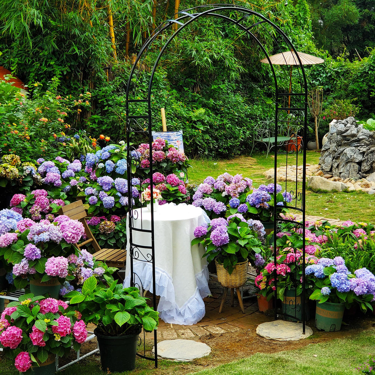 SCENDOR Metal Garden Arbor Wedding Arch 95.3" H x 45" W, Heavy Duty Rustproof Iron Pergola Trellis for Climbing Plants Outdoor Garden Patio Pathway Lawn Ceremony Party Decoration
