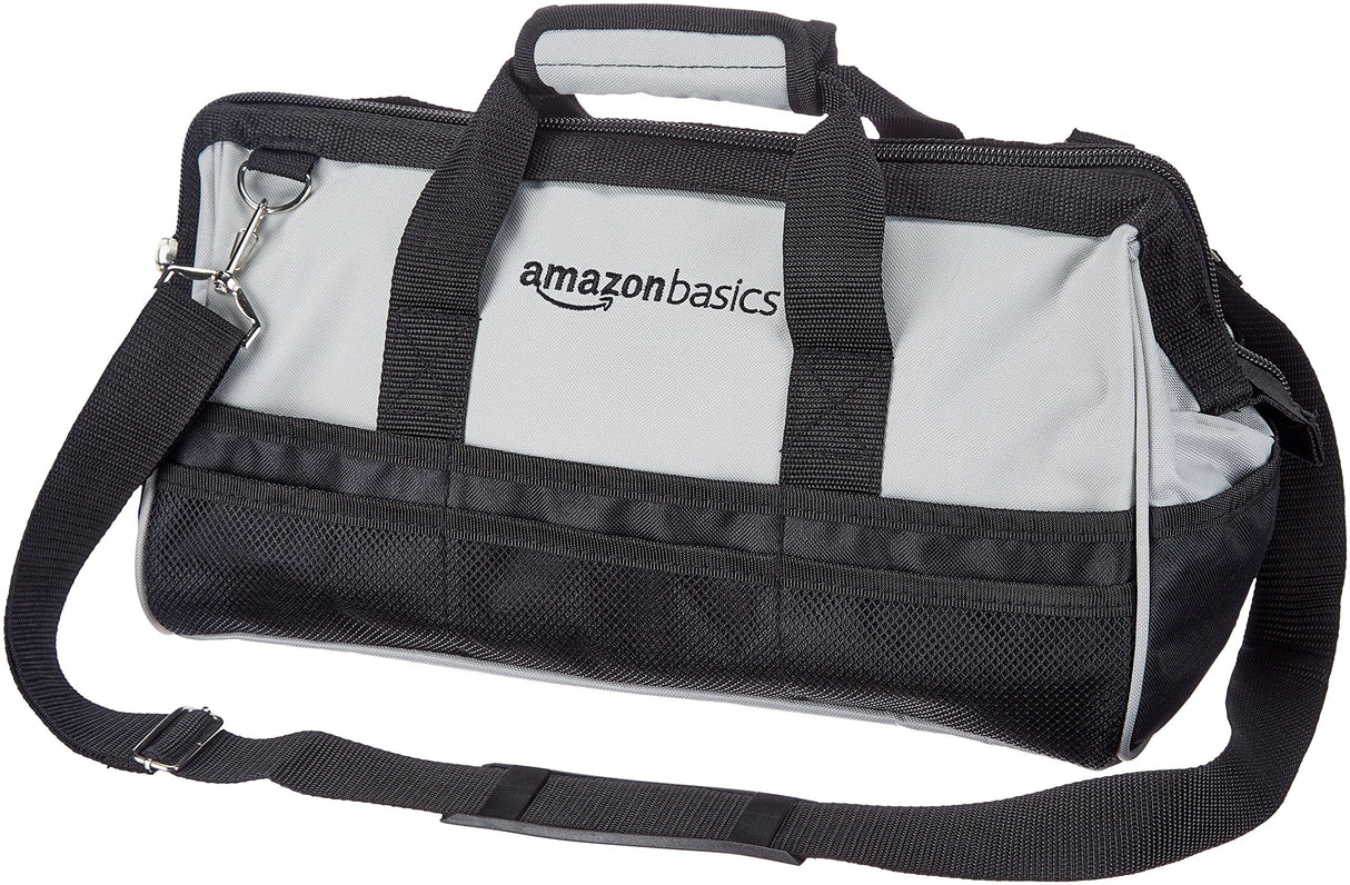 Amazon Basics Durable Wear-Resistant Tool Storage Bag with Adjustable Shoulder Strap,Portable Tool Organizer,16 in,Black & Grey,(Pack of 8)