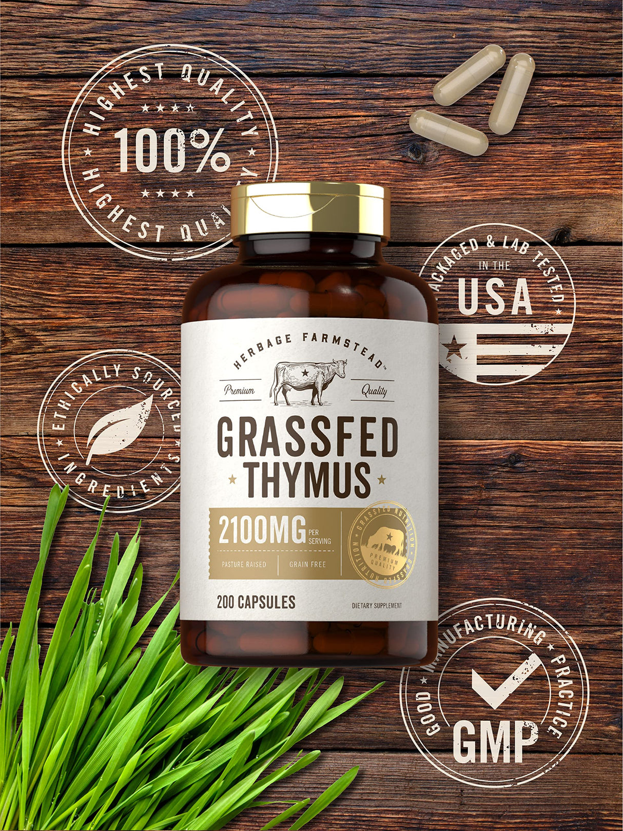 Carlyle Grass Fed Beef Thymus Bovine Supplement | 2100mg | 200 Capsules | Pasture Raised, Non-GMO, Gluten Free | by Herbage Farmstead