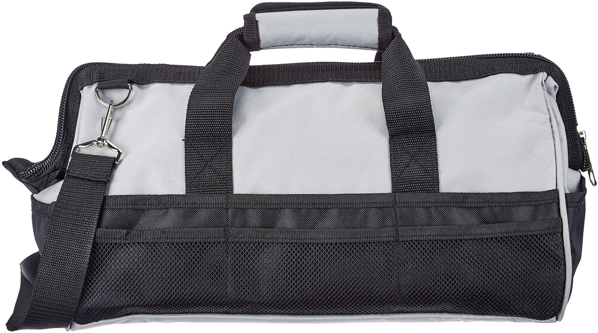 Amazon Basics Durable Wear-Resistant Tool Storage Bag with Adjustable Shoulder Strap, Portable Tool Organizer, 16 in, Black & Grey