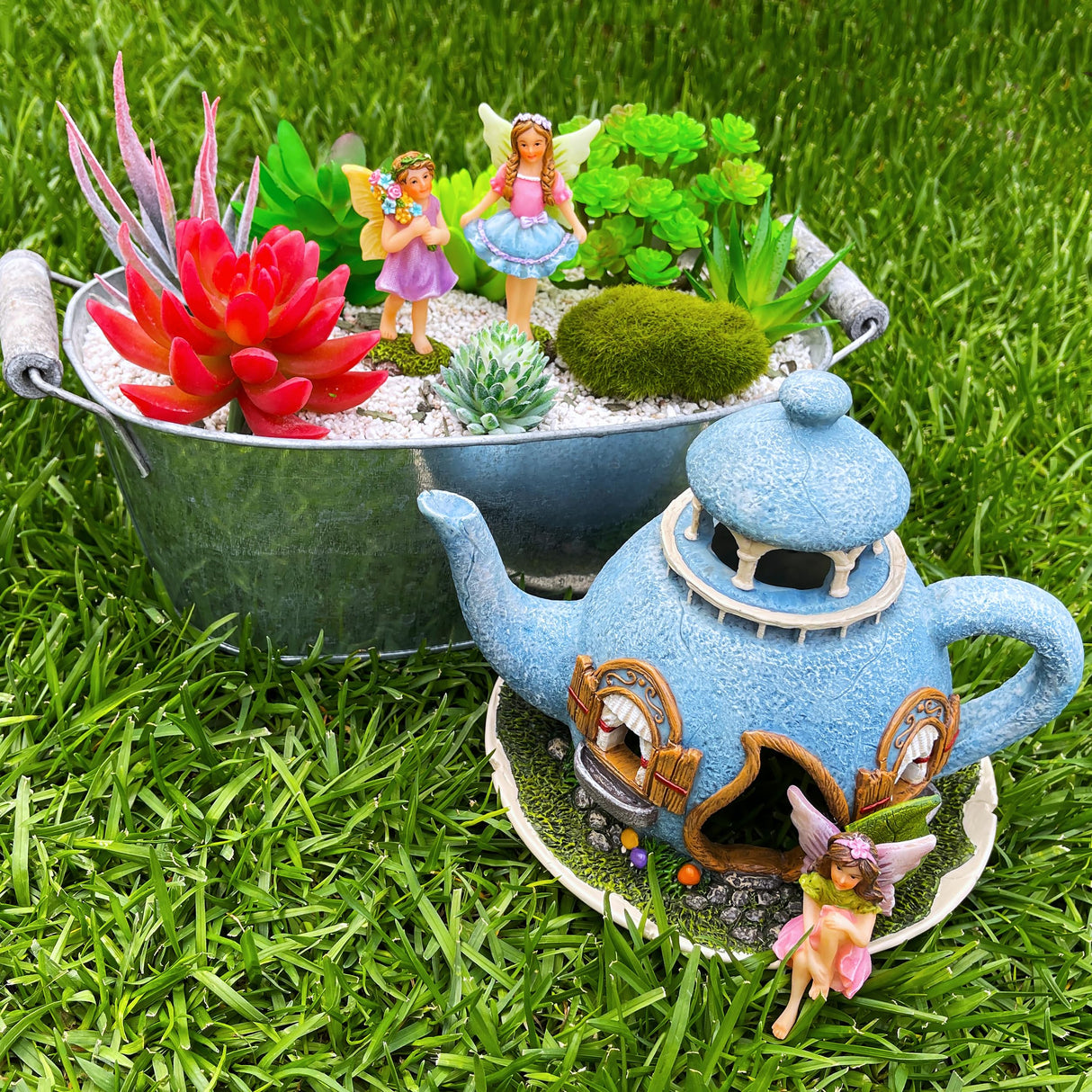 Mood Lab Miniature Garden Decor - Decorative Resin 7.1" H Teapot House Set (4 pcs) - Indoor & Outdoor Garden Decor