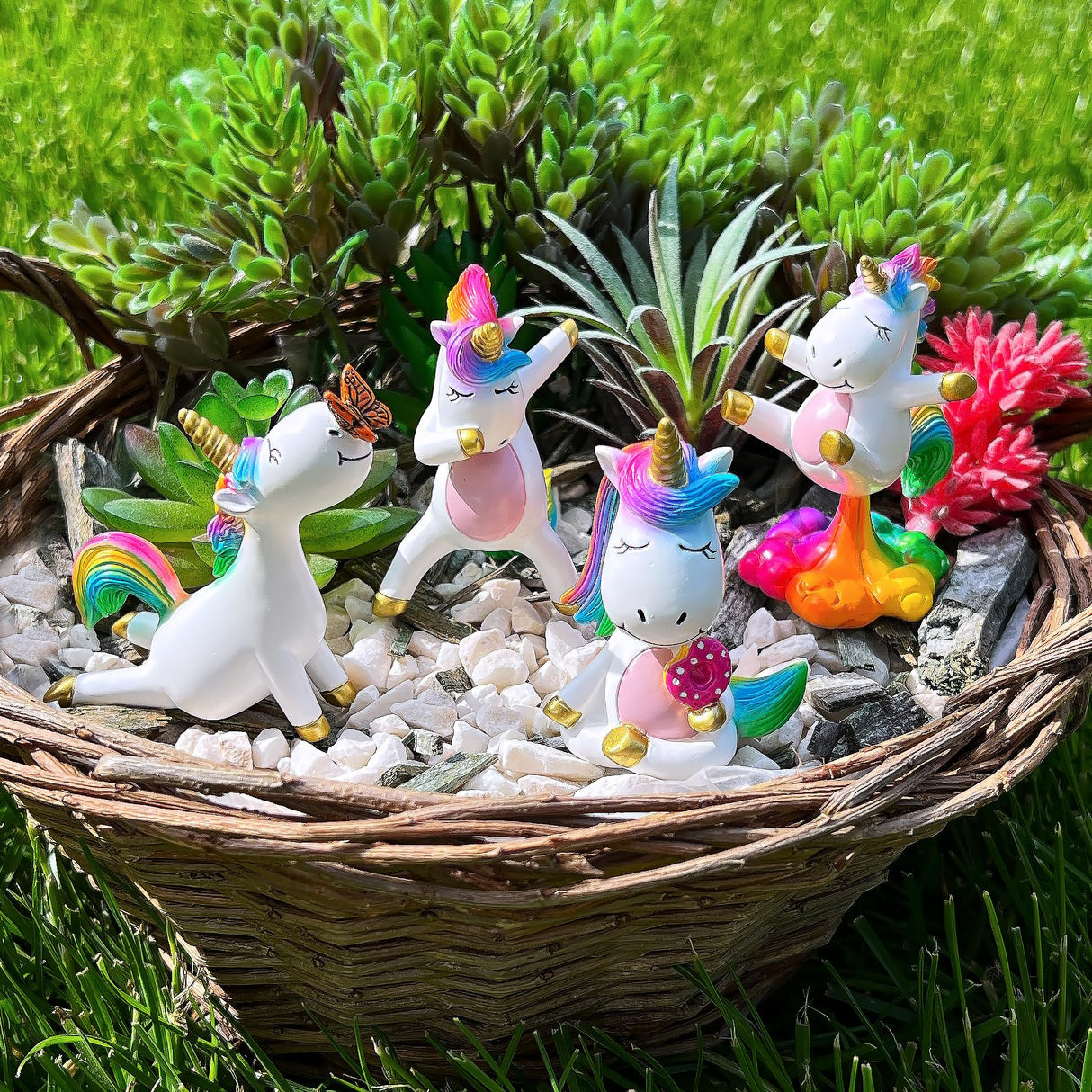 Mood Lab Fairy Garden Figurines - Yoga Unicorn Set (4 pcs) - Miniature Decorative Statues & Accessories - Outdoor & Indoor Garden Decor