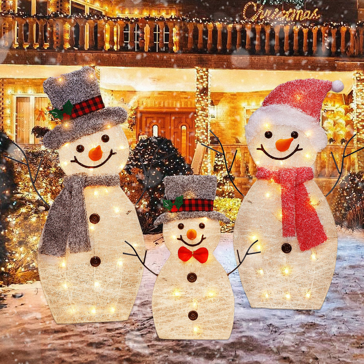 ATDAWN Light Up Snowman Family, Pre-Lit 60 Lights Christmas Collapsible Snowman Outdoor Decoration, Outdoor Lighted Snowman Christmas Yard Decorations, SF02