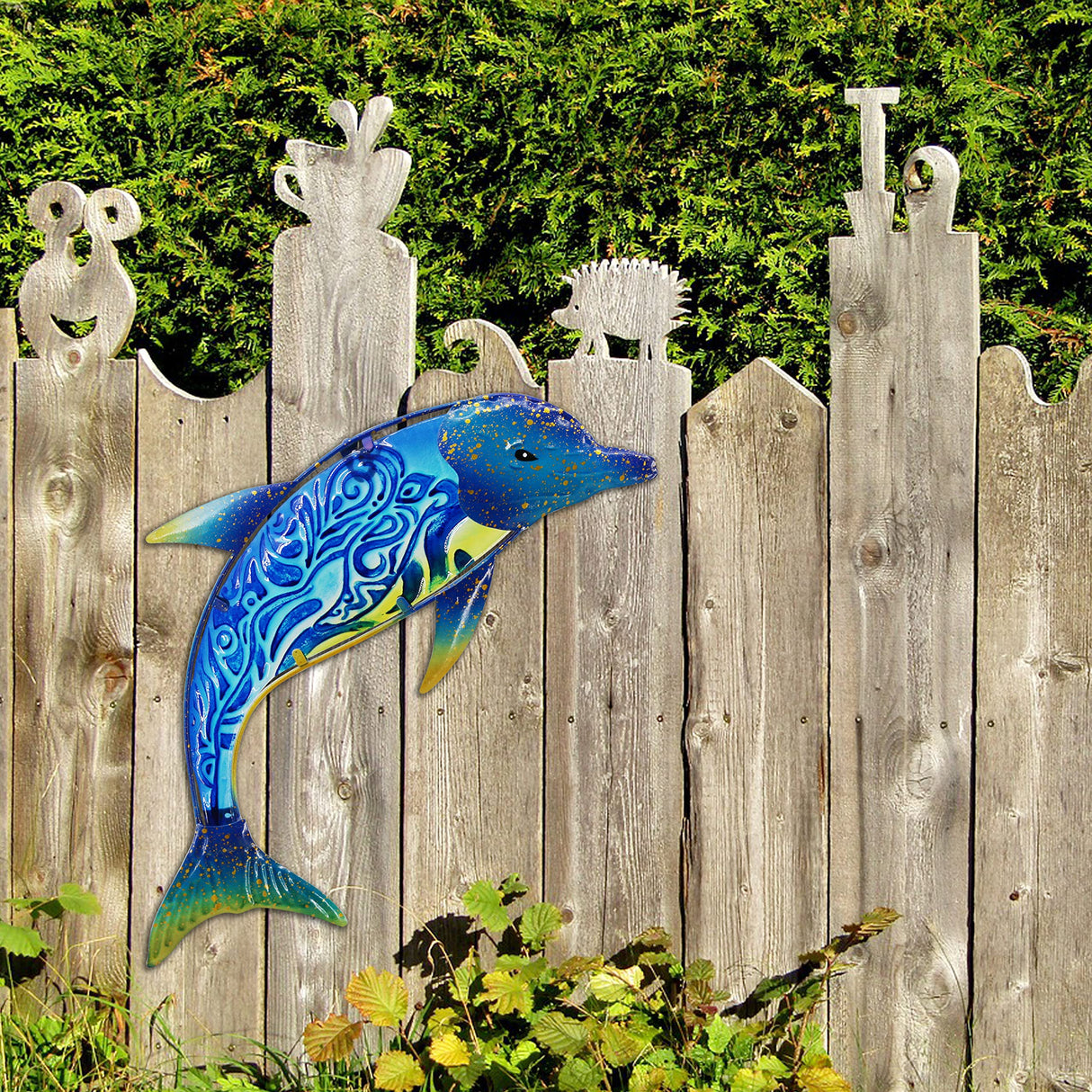John's Studio Dolphin Wall Decor Outdoor Metal FIsh Sea Hanging Art Glass Sculptures Home Ocean Theme Decorations for Living Room, Bedroom, Yard, Fence and Patio - 17.5 Inches
