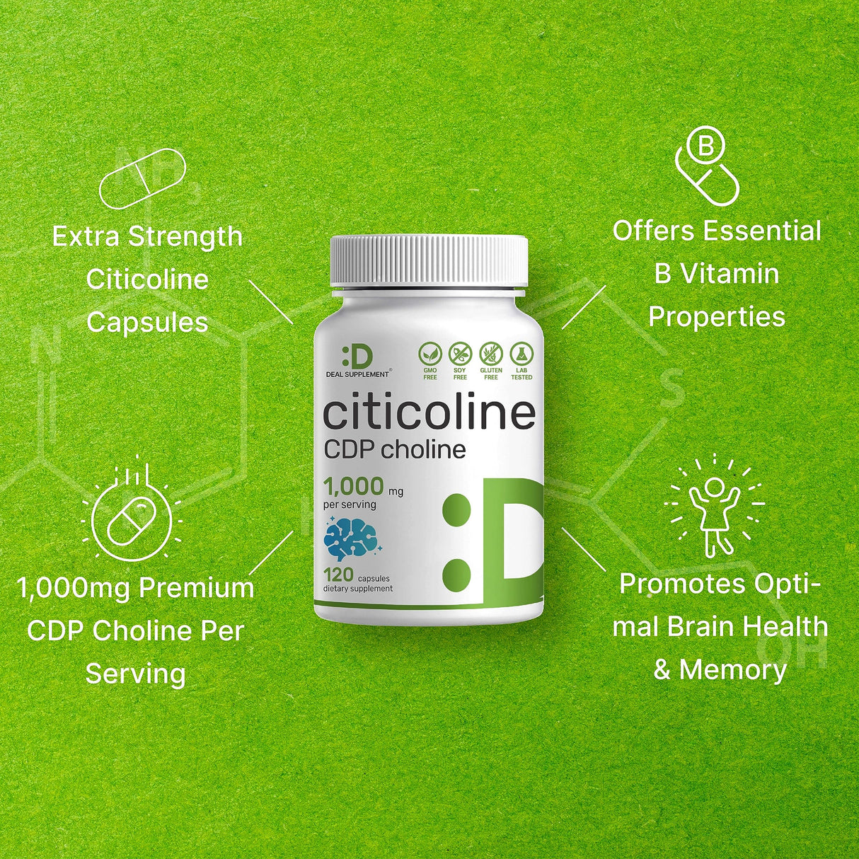 DEAL SUPPLEMENT Citicoline CDP Choline, 1,000mg Per Serving, 120 Capsules – Extra Strength Choline Supplements – Nootropic B Vitamin Properties – Promotes Brain Health, Memory, & Focus – Non-GMO