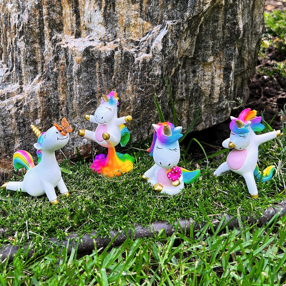 Mood Lab Fairy Garden Figurines - Yoga Unicorn Set (4 pcs) - Miniature Decorative Statues & Accessories - Outdoor & Indoor Garden Decor