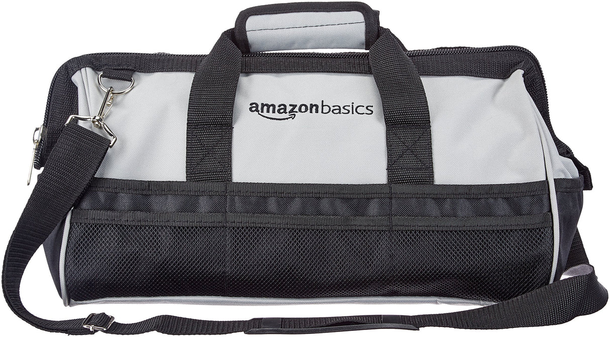 Amazon Basics Durable Wear-Resistant Tool Storage Bag with Adjustable Shoulder Strap,Portable Tool Organizer,16 in,Black & Grey,(Pack of 8)