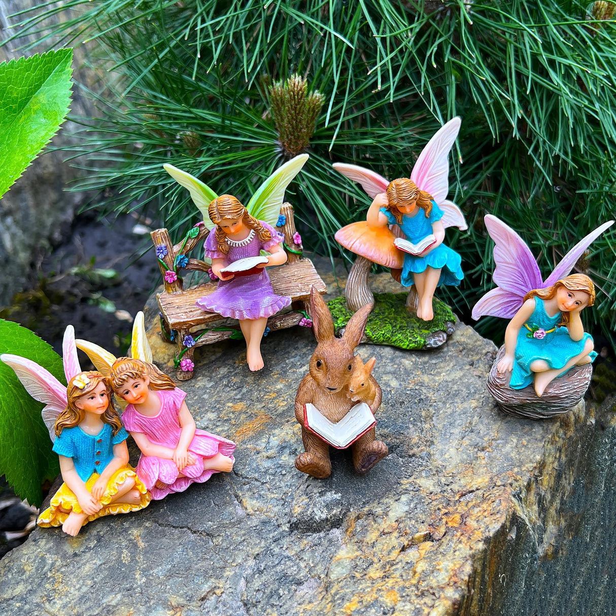 Mood Lab Fairy Garden Figurines - Reading Fairies Set (6 pcs) - Miniature Decorative Statues & Accessories - Outdoor & Indoor Garden Decor