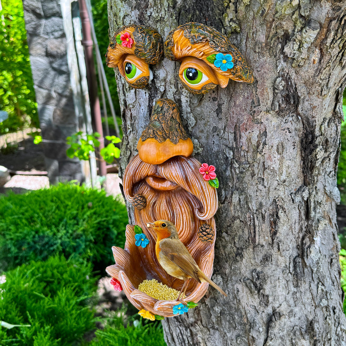 Mood Lab Tree Face Decor with Flowers - Outdoor Old Man Face Decoration - Tree Garden Hugger - Yard Art Statue