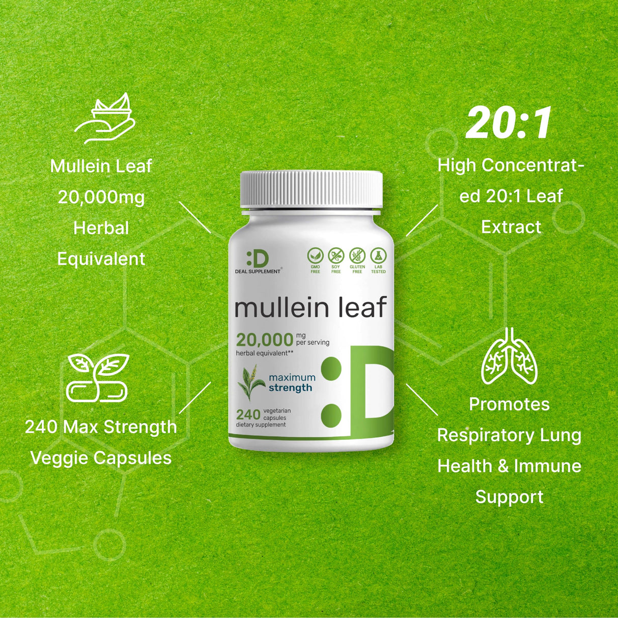 Mullein Leaf Extract 20,000mg, 240 Veggie Capsules – 4 Month Supply – Lung Cleanse & Detox Herbal Supplement – Supports Respiratory & Immune Health – Non-GMO, Vegan