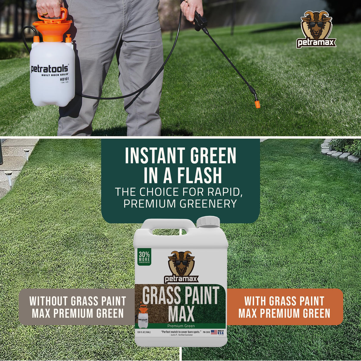 PetraMax Max Grass Paint for Lawn - Maintain Perfect Green Grass, Spray for Lawn & Shrubs Green Spray, Paint Pair with Petra Sprayers - Touch up Dog Spots - Non-Toxic Safe for Pets (Premium, 1 Gal)