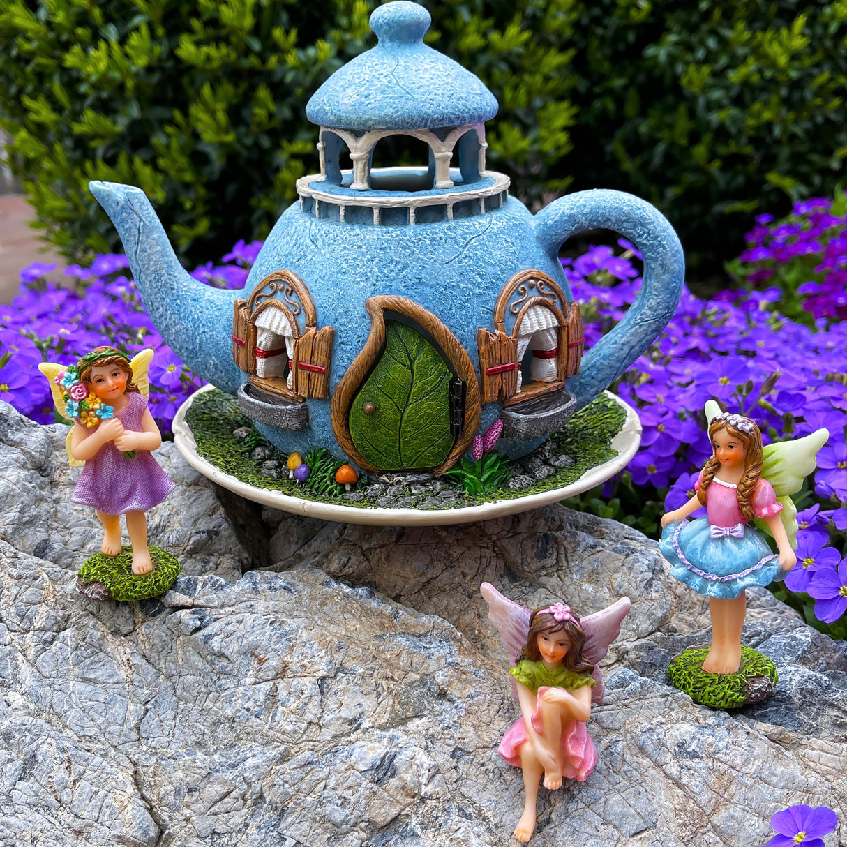 Mood Lab Miniature Garden Decor - Decorative Resin 7.1" H Teapot House Set (4 pcs) - Indoor & Outdoor Garden Decor
