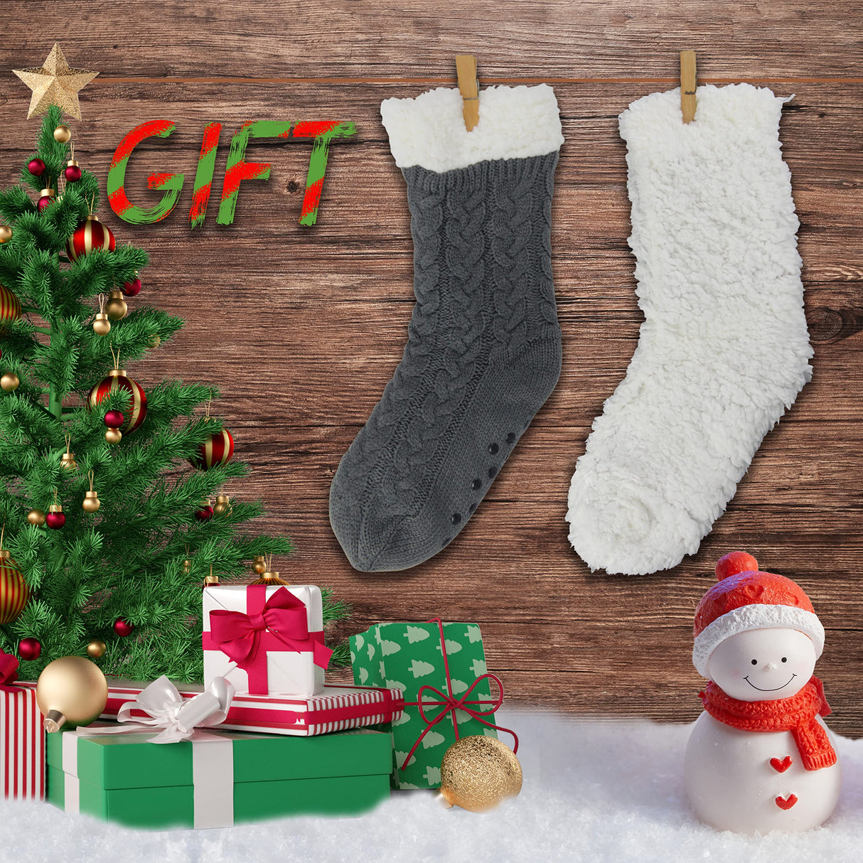 Sooneeya Winter Slipper Socks for Women Christmas Warm Cozy Soft Fuzzy Thick Socks Slipper Non Slip Non Skid with Grippers Black Grey -2 Pairs