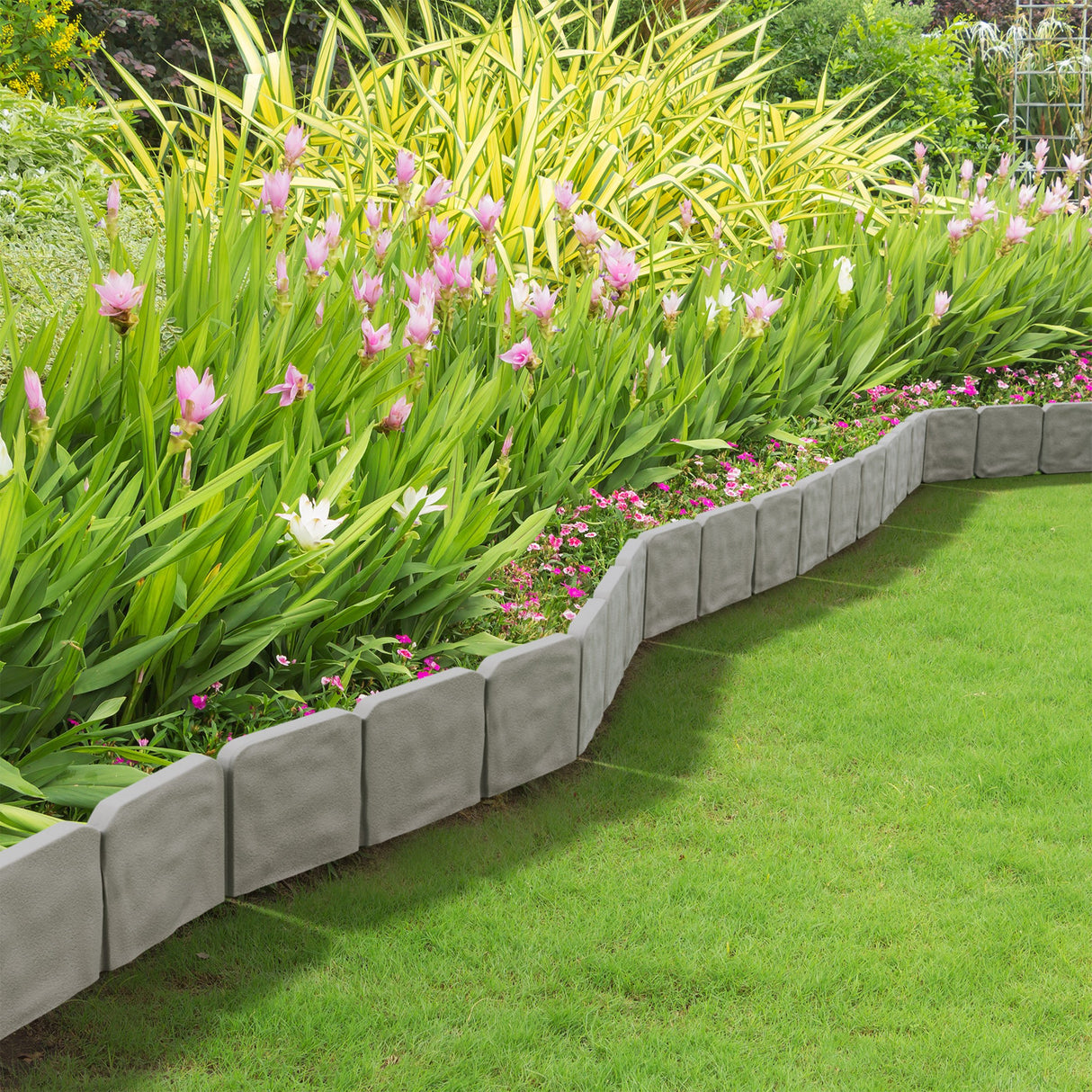 Garden Edging - 10-Piece Outdoor Decorative Flower Bed Border Set for Landscaping - 8-Foot Interlocking Stone Trim with Stakes by Pure Garden (Putty)