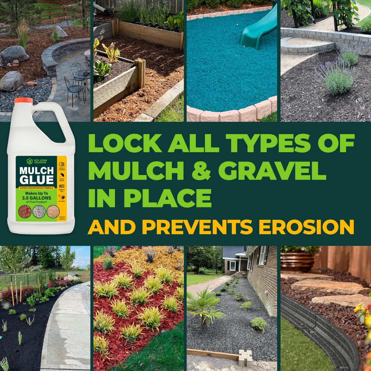 ECO LIVING SOLUTIONS Mulch Glue for Landscaping - Rock & Gravel Binder | Spray Glue for Paver Sealer | Landscape Glue for Mulch & Pebbles | Pet Safe & Plant Safe - 1 Gallon