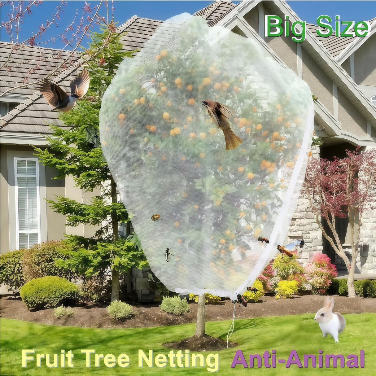 Fruit Tree Netting 2 Pack 8x8 FT with Drawstring & Zipper - Reusable Plant Protection Bag, Heavy Duty PE Mesh Cover for Blueberry Bushes - Blocks Birds/Deer/Squirrels