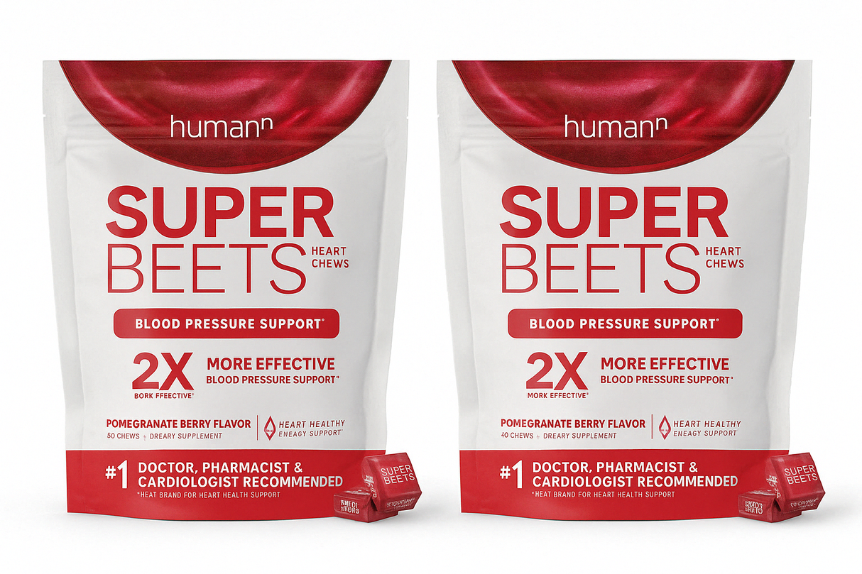 2 Pack humanN SuperBeets Heart Chews, Nitric Oxide and Blood Pressure Support, Grape Seed Extract & Non-GMO Beet Root Powder Energy Supplement, Pomegranate Berry Flavor, 60 Count