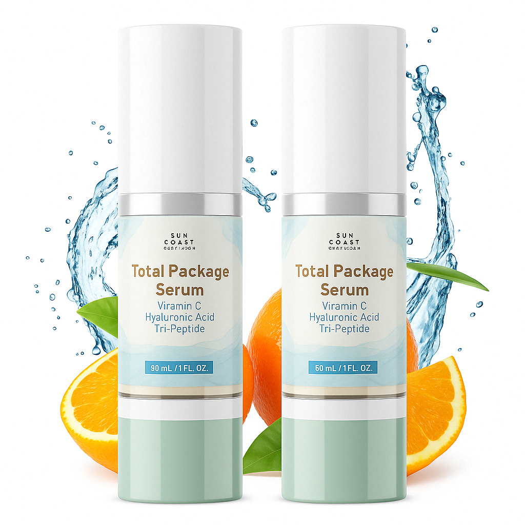 2 Pack Sun Coast Sciences - Total Package Serum, All-In-One Vitamin C, Hyaluronic Acid, Peptides Serum For Face, Anti-Aging Facial Super Serum for Wrinkles, Brightening, Dark Spots - 1 fl oz