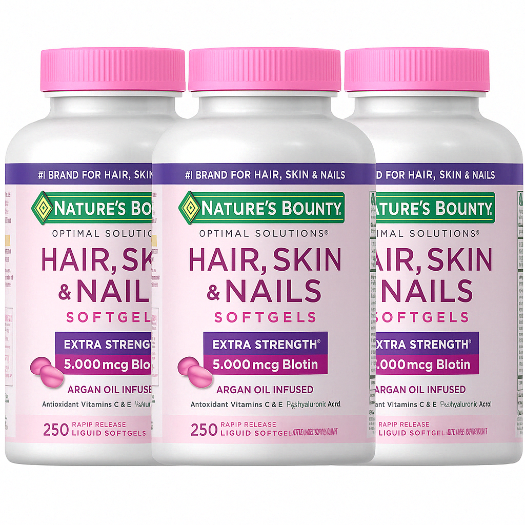 3 Pack Nature's Bounty Hair Skin and Nails 5000 mcg of Biotin - 250 Coated Tablets Extra Strength