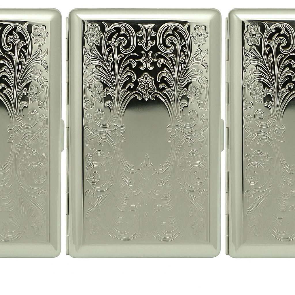 3 Pieces Silver Victorian Scroll (Half Pack 120s) Metal-Plated Cigarette Case & Stash Box with Mirror