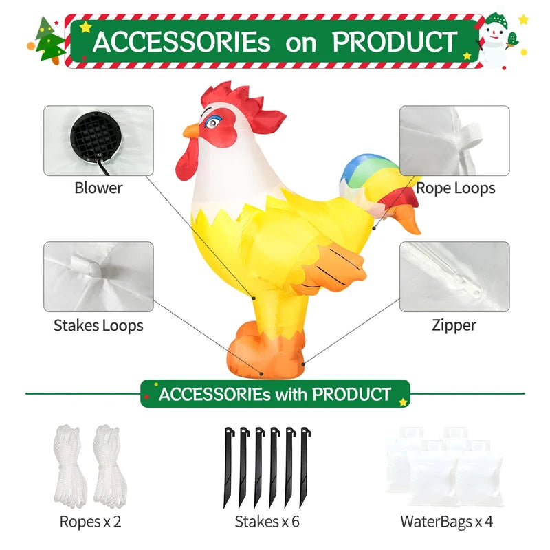DomKom 6FT Rooster Inflatables Christmas Spring, Farm Ranch Blow up Animals Cute Chicken, Decorations Outdoor Yard Built-in LED Lights Big Large Decor Party Lawn Holiday Outside