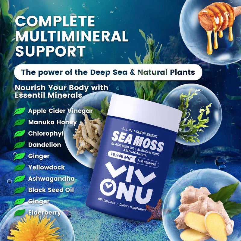 VIVONU Seamoss Ashwagandha - 60 Count - Seamoss 7000mg,Ashwagandha 2000mg, Black Seed Oil 4000mg, Turmeric 2000mg, Burdock Root 2000mg, All in 1 Supplements