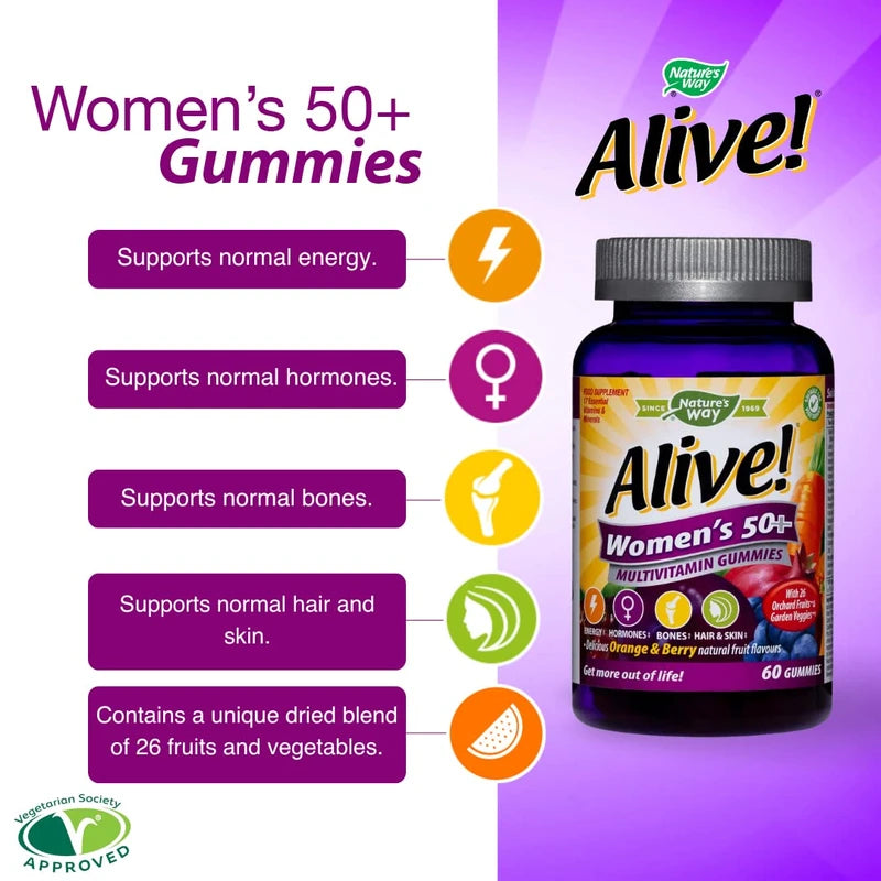 Alive! Women’s 50+ Multivitamin Gummies, Multi-Vitamins & Minerals with a Blend of 26 Fruits & Vegetables, Specially Balanced Formulation for Women, Suitable for Vegetarians - 60 Gummies