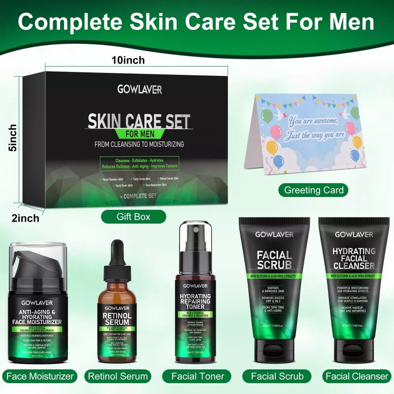 GOWLAVER All In One Men's Skin Care Set Facial Cleanser Toner Scrub Serum Moisturizer