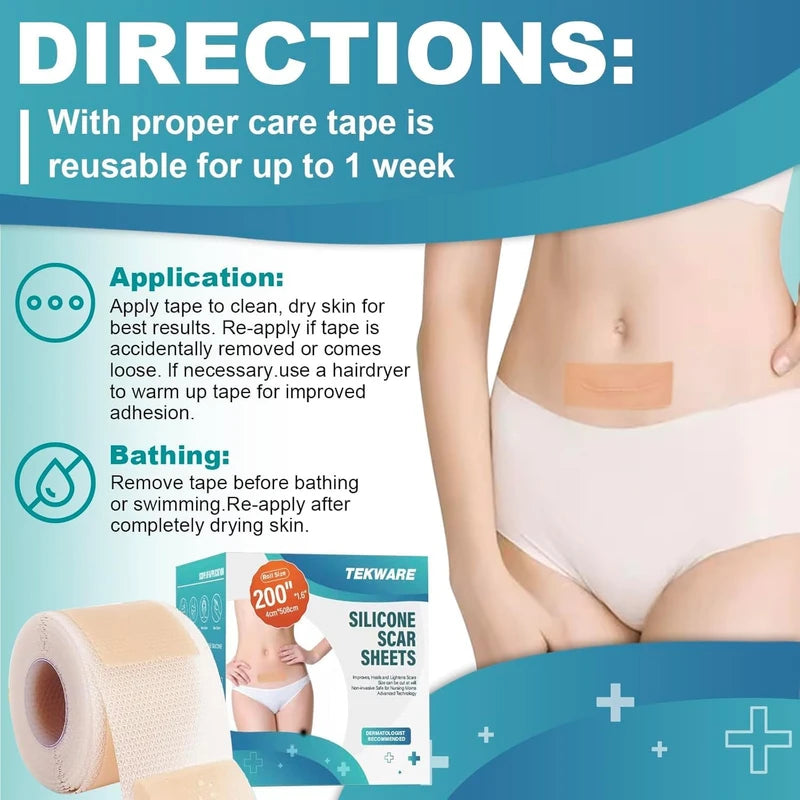 Tekware Extra Long Silicone Scar Sheets (1.6” x 200” Roll-5M), Silicone Scar Tape, Reusable Scar Removal Sheets, Professional Scar Away Strips for Surgical Scars, Keloid, C-Section, Burn, Acne et
